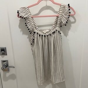 LOFT Cream Striped Tank with Black Pom-Pom Trim